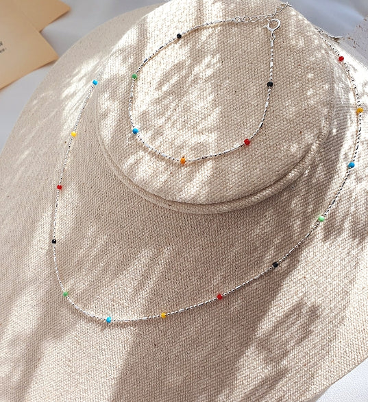 [92.5 Silver] Color Ball Necklace & Bracelet Set -Holiholic