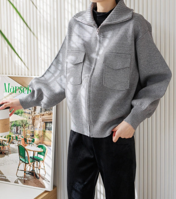 Pocket Pointed Knit Zip-Up Jacket -Holiholic