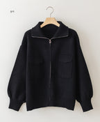 Pocket Pointed Knit Zip-Up Jacket -Holiholic