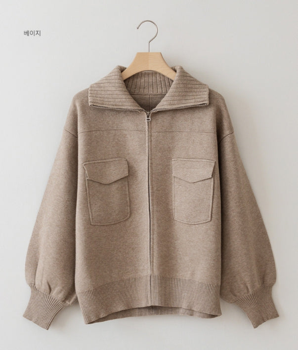 Pocket Pointed Knit Zip-Up Jacket -Holiholic
