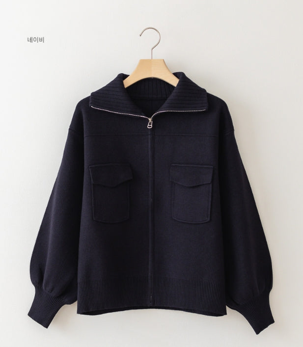 Pocket Pointed Knit Zip-Up Jacket -Holiholic