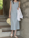 Solid Linen Sleeveless Dress-Holiholic