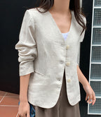 Beige Collarless Linen Jacket-Holiholic