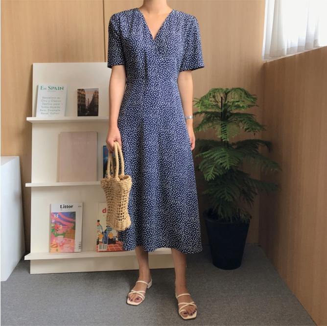 Polka Dot V Neck Dress - HOLIHOLIC