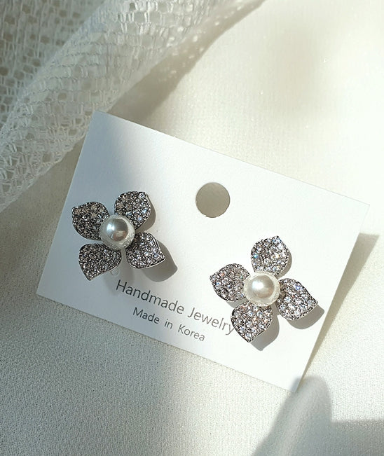 [92.5 Silver] Pearl Point Cubic Flower Earrings-Holiholic