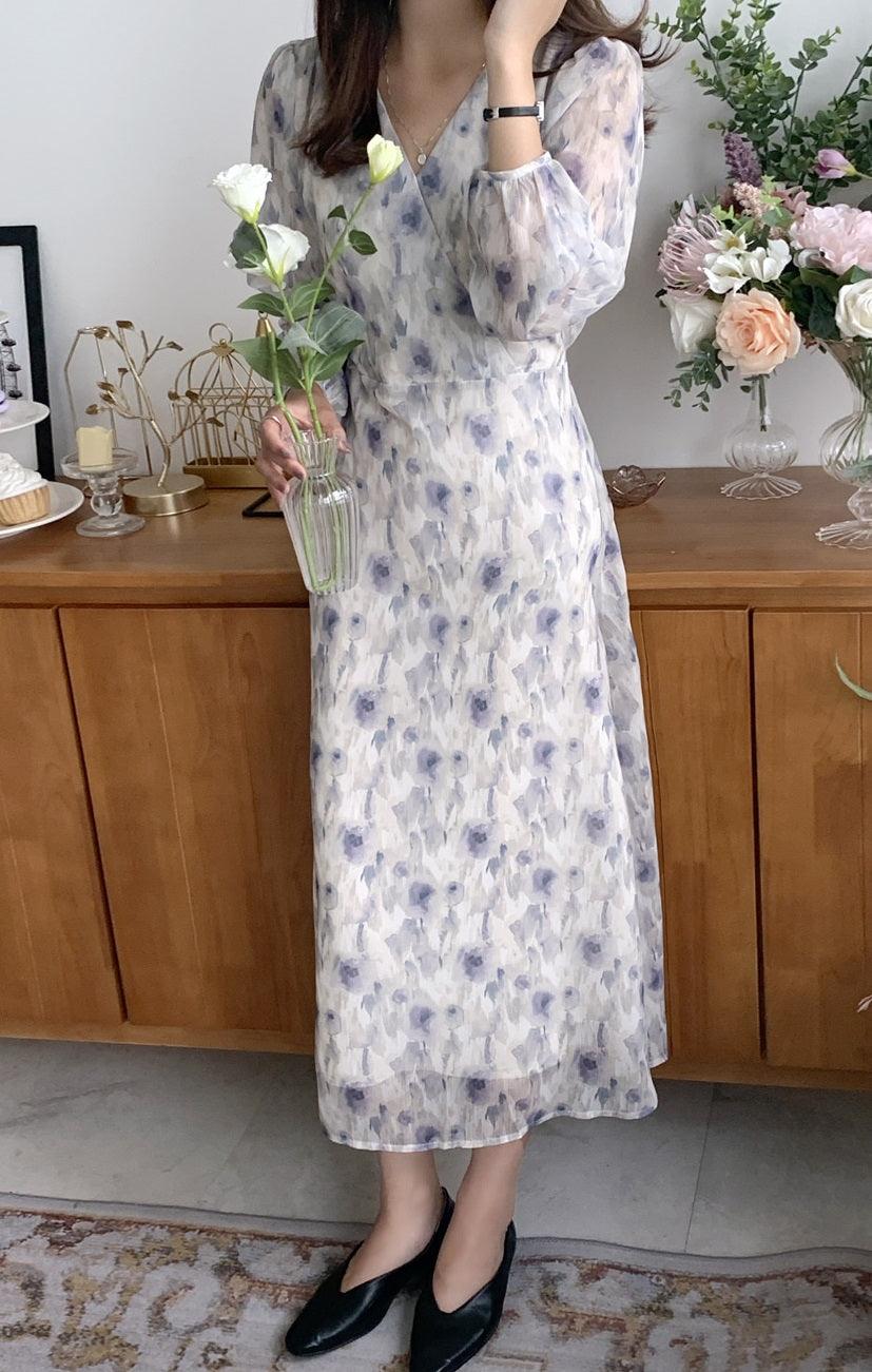 Ash Purple Flower Chiffon Dress - HOLIHOLIC