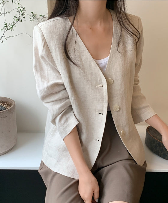 Beige Collarless Linen Jacket-Holiholic