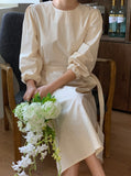 Belted Puff Sleeve Midi Dress  -Holiholic