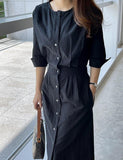 Black Button Down Linen Dress - HOLIHOLIC
