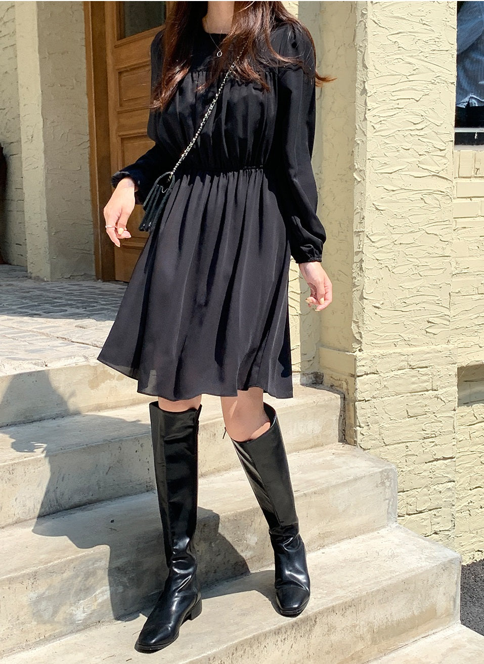 black midi dress with knee high boots Kitten Heel Midi Heel Boots Long Dress With Kitten Heels Knee High Boots Midi Dress Black