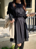 Black Shirring Flare Midi Dress-Holiholic