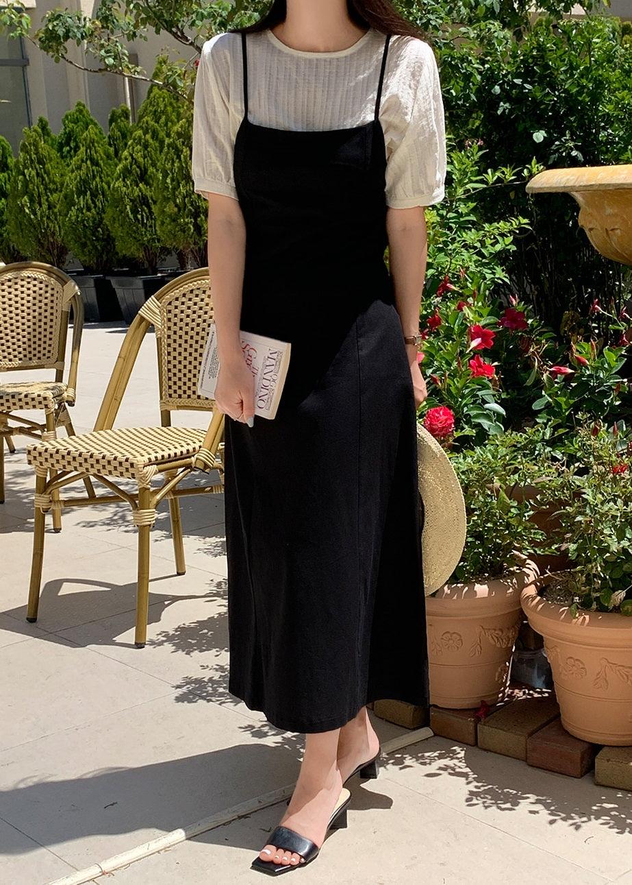 black linen spaghetti strap dress Linen blend spaghetti strap midi dress Black Dress