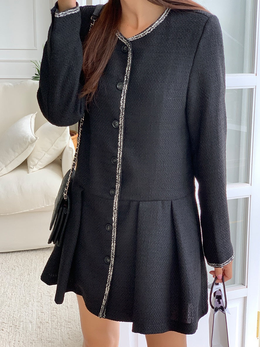 Black Tweed Pleats Mini Dress-Holiholic