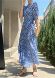 Blue Floral Print Wrap Dress - HOLIHOLIC