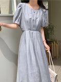 Blue Gray Puff Sleeve Dress -Holiholic