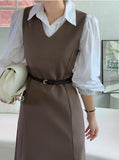 Brown Belted Sleeveless Dress-Holiholic
