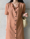 Brown Button Up Linen Dress - HOLIHOLIC