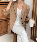 Brown Linen Button Blazer - HOLIHOLIC