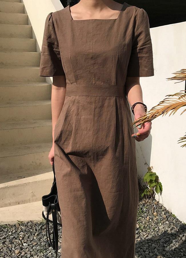Brown Square Neck Linen Dress | The best Dresses HOLIHOLIC Brown Square Neck Linen Dress | The best Dresses HOLIHOLIC