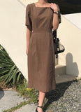 Brown Square Neck Linen Dress - HOLIHOLIC