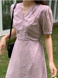 Button Point Flower Chiffon Dress-Holiholic
