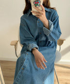 Casual Denim Shirt Dress - HOLIHOLIC