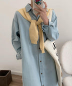 Casual Denim Shirt Dress - HOLIHOLIC