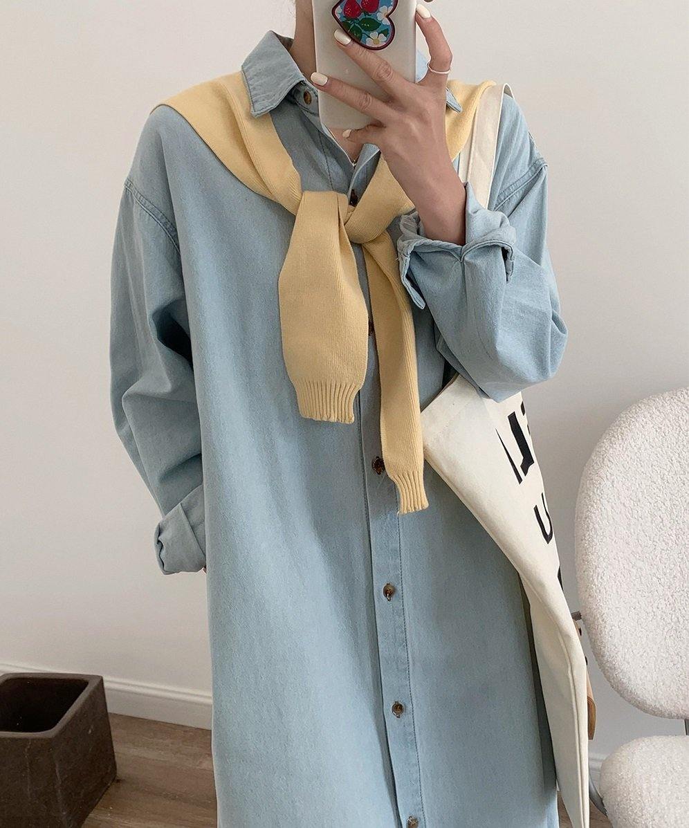 Casual Denim Shirt Dress - HOLIHOLIC