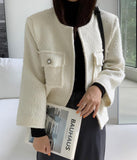 Collarless Tweed Wool Open Jacket - HOLIHOLIC