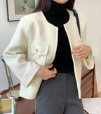 Collarless Tweed Wool Open Jacket - HOLIHOLIC