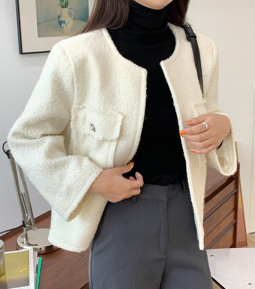 Collarless Tweed Wool Open Jacket - HOLIHOLIC