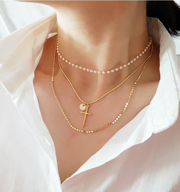 Cross & Pearl Layered Necklace Secondary image