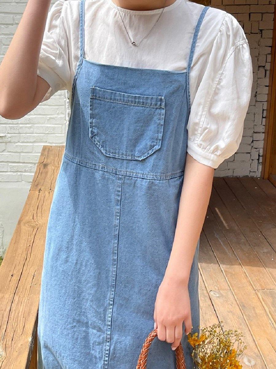 denim dress with suspenders Chic Denim Suspenders Tube Top Dress for Tall Women