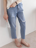 Elastic Waist Destroyed Jeans - HOLIHOLIC