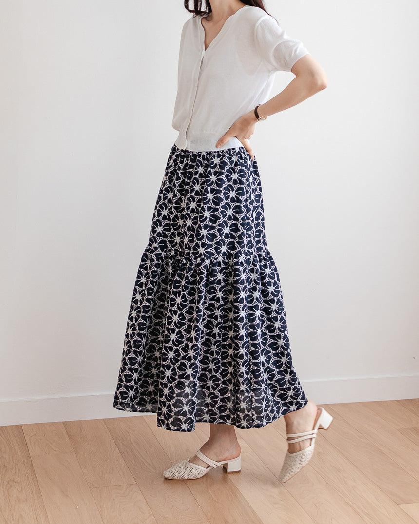 Embroidered Flare Skirt with Elastic Waist - HOLIHOLIC