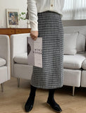 Front Split Wool Plaid Skirt - HOLIHOLIC