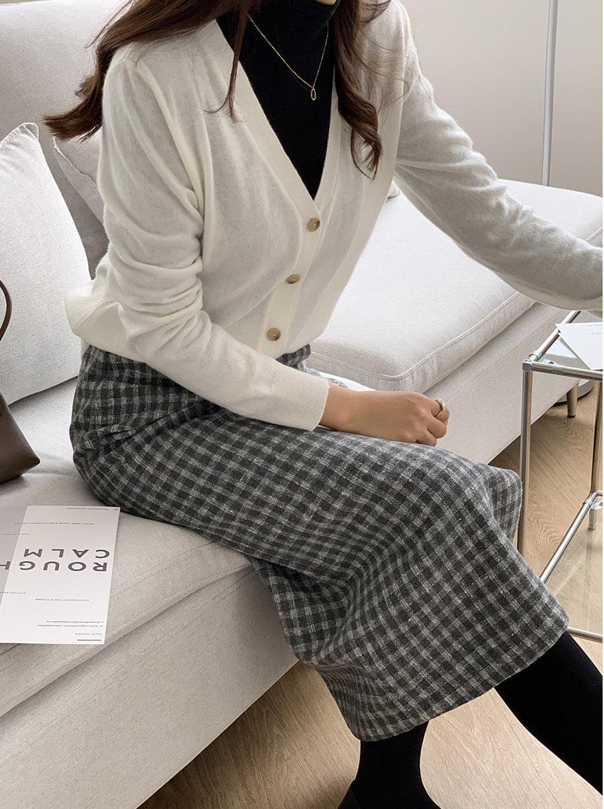 Front Split Wool Plaid Skirt - HOLIHOLIC