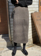 Front Split Wool Plaid Skirt - HOLIHOLIC