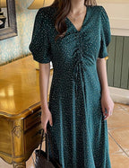 Front shirring Polka Dot Dress - HOLIHOLIC