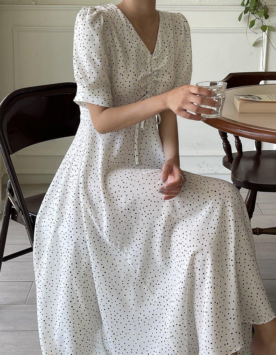 Front shirring Polka Dot Dress - HOLIHOLIC