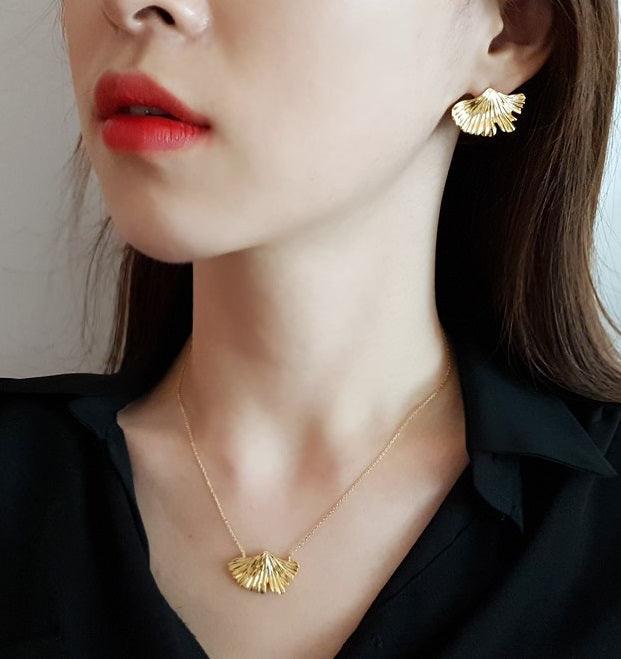 Golden Leaf Earrings & Necklace (Earrings: SILVER POST) Secondary image