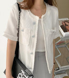 Ivory Tweed Short Sleeve Jacket - HOLIHOLIC