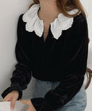 Lace Collar Velvet Blouse - HOLIHOLIC