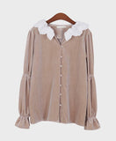 Lace Collar Velvet Blouse - HOLIHOLIC