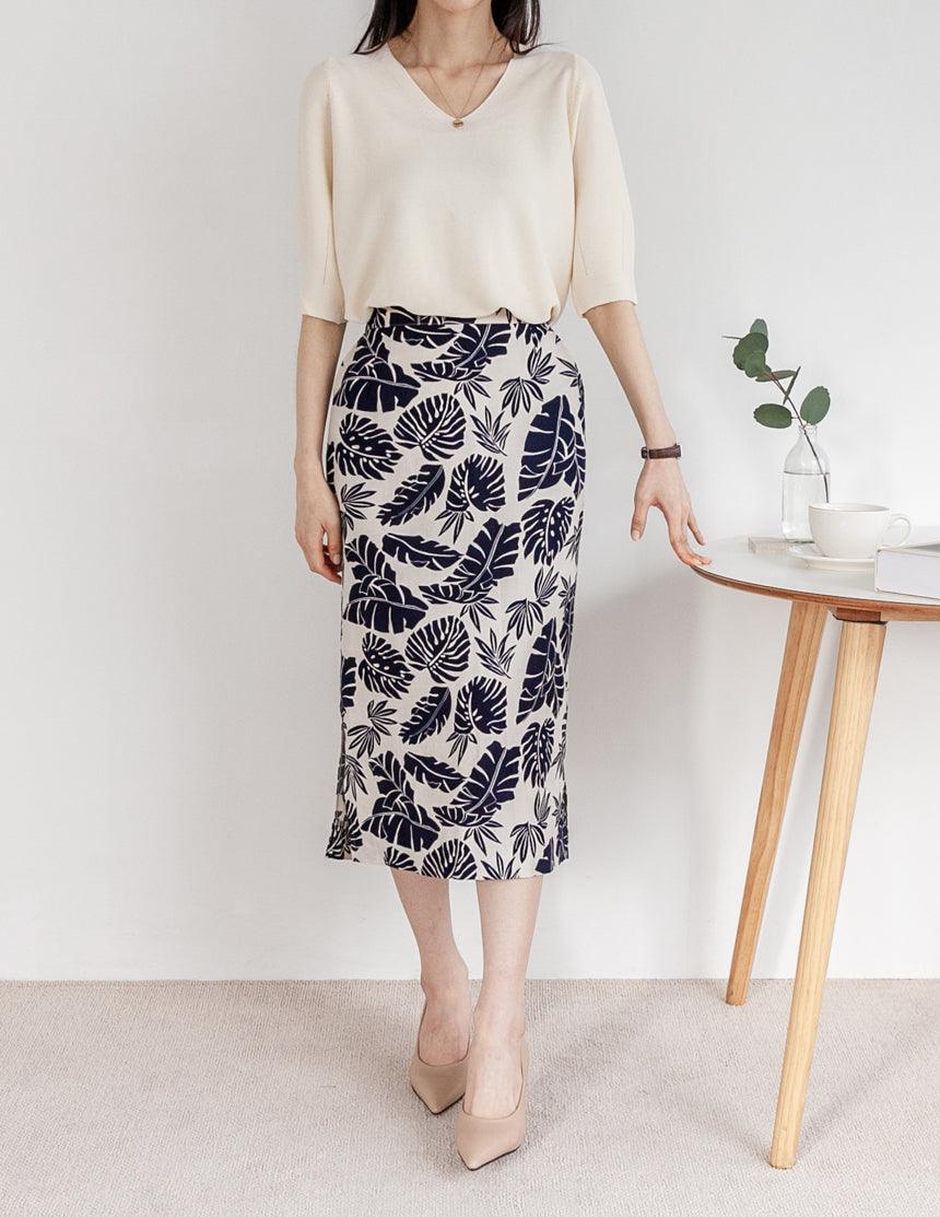 Leaf Linen Skirt with Elastic Waist - HOLIHOLIC