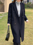 Navy Wool Double Coat with Waist Strap - HOLIHOLIC