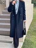 Navy Wool Double Coat with Waist Strap - HOLIHOLIC