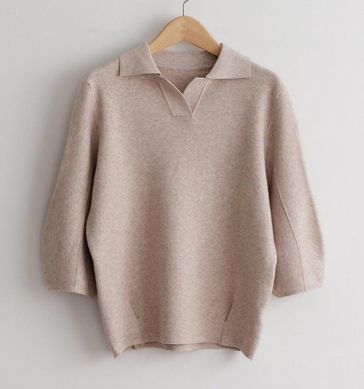 Open Collar Balloon Knit Top - HOLIHOLIC