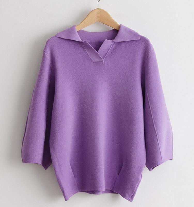 Open Collar Balloon Knit Top - HOLIHOLIC
