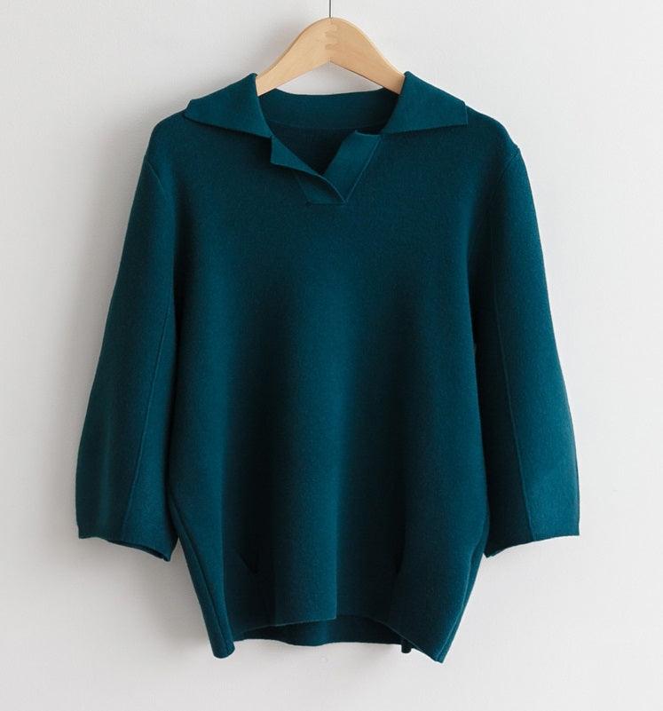 Open Collar Balloon Knit Top - HOLIHOLIC